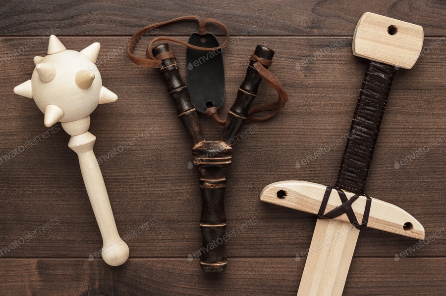 handmade wooden training toy sword, mace and slingshot