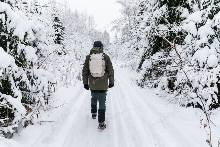 Cover for Man with backpack walking on snow covered forest. Beautiful winter time. Back view.