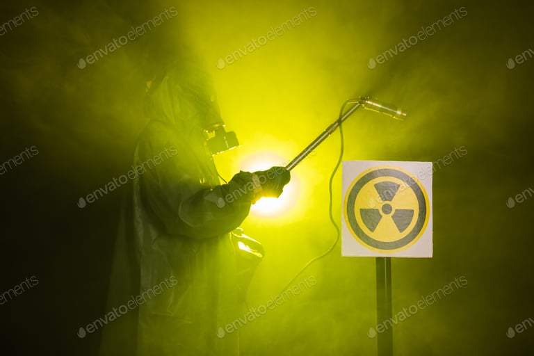 Radiation and danger concept - Man in old protective hazmat suit