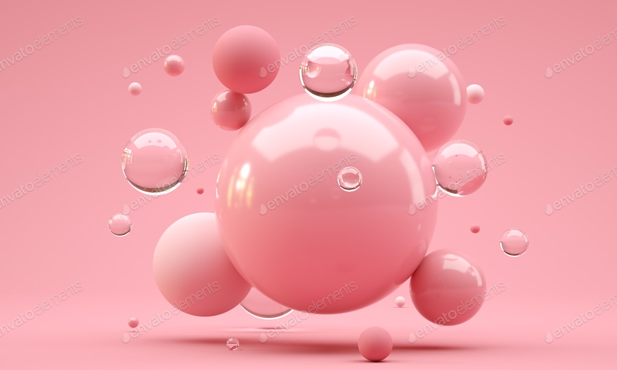 Cover for 3D Illustration. Shiny balls with different size on pink color background. Abstract background