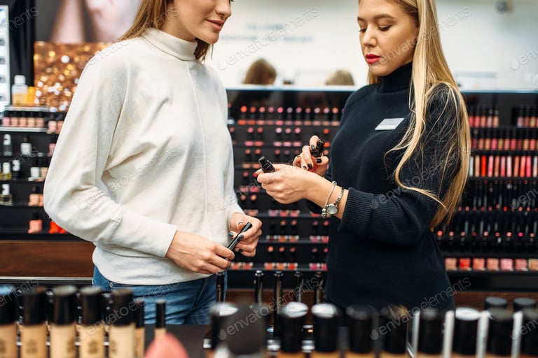 Seller helps woman with choice of eyeshadows