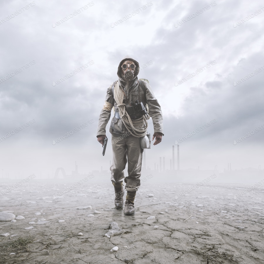 Cover for Brave soldier with gas mask walking in a post atomic landscape
