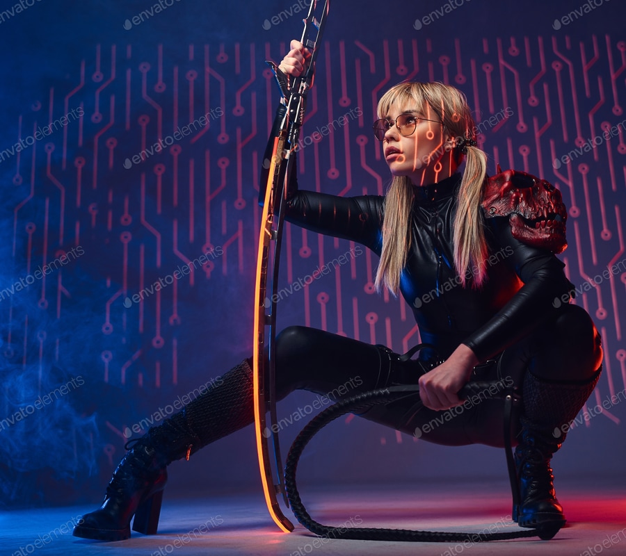 Cover for Female fighter in cyberpunk style with glowing sword