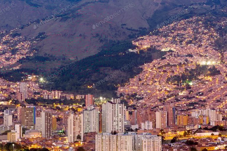 Cityscape of Medellin at night, Colombia
