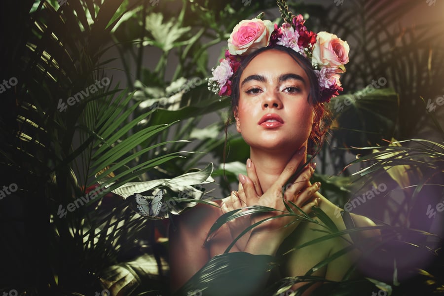 Cover for Beauty, rose and crown portrait of woman with tropical palm plants and natural makeup cosmetics. Fl