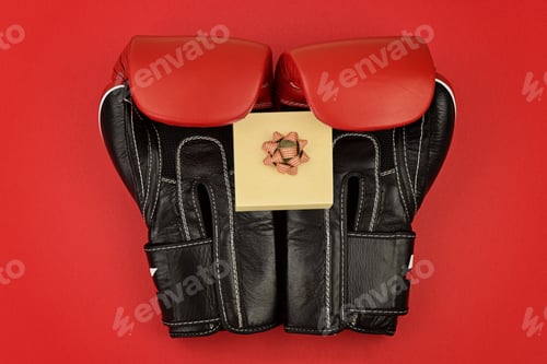 Visualização: Idéia de venda criativa de compras do dia de boxe isolada no fundo vermelho. Luvas de boxe com pequena caixa de presente
